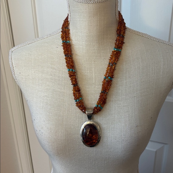 NWOT Jay King Mine Finds Amber & Turquoise Beaded Necklace w/925 Silver Pendant - Picture 11 of 14